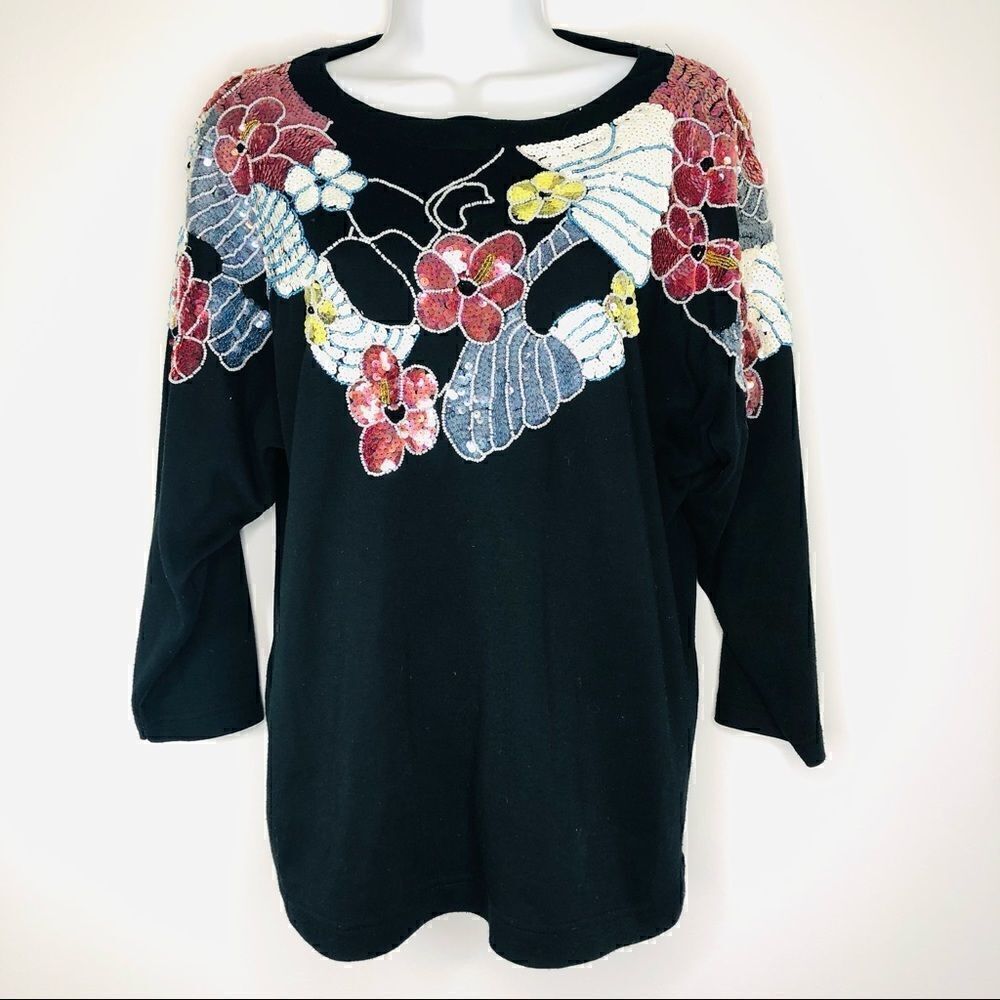 CerVelle Black Sequin Floral 3/4 Sleeve Tunic Top Large